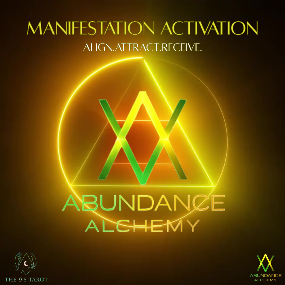 Abundance Alchemy logo with a yellow triangle and green 'X' on a dark background, featuring the text 'Manifestation Activation' and 'Align. Attract.