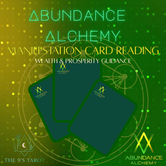 Abundance Alchemy Manifestation Card Reading with three cards on a green background